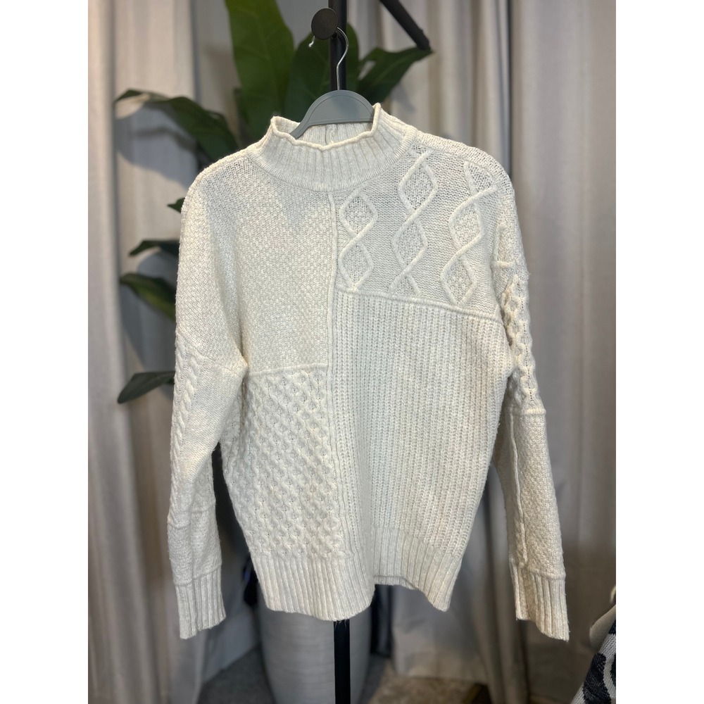 American Eagle Women Cream Mixed Cable Knit Patchwork Mock Neck Sweater Small